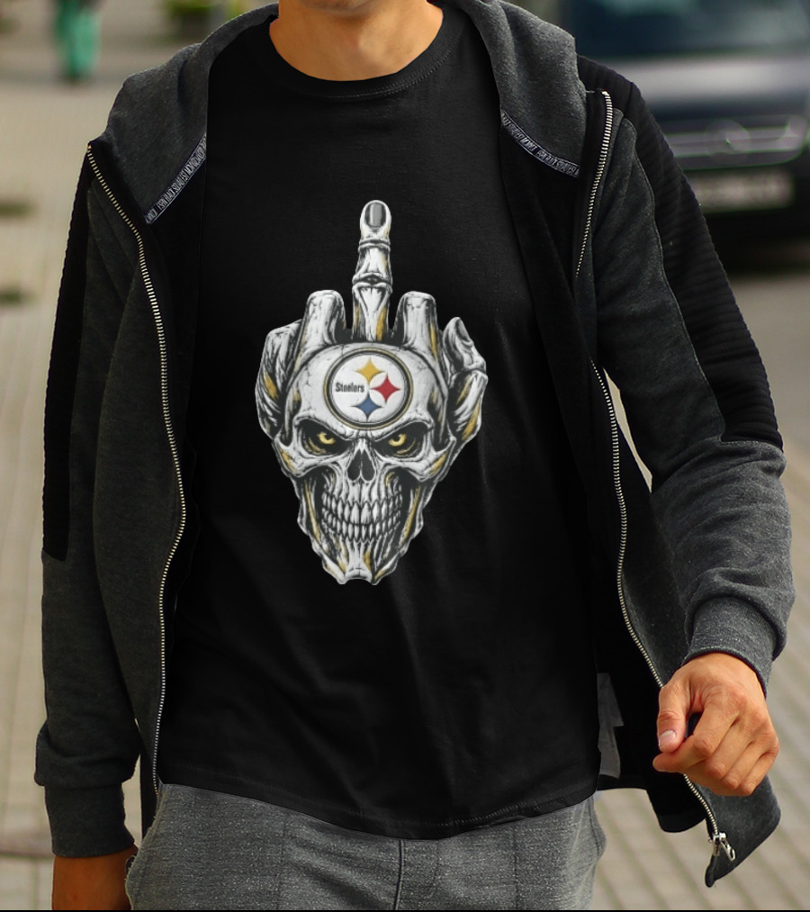 Pittsburgh Steelers Skull Middle Finger Gesture Football Fan T-Shirt