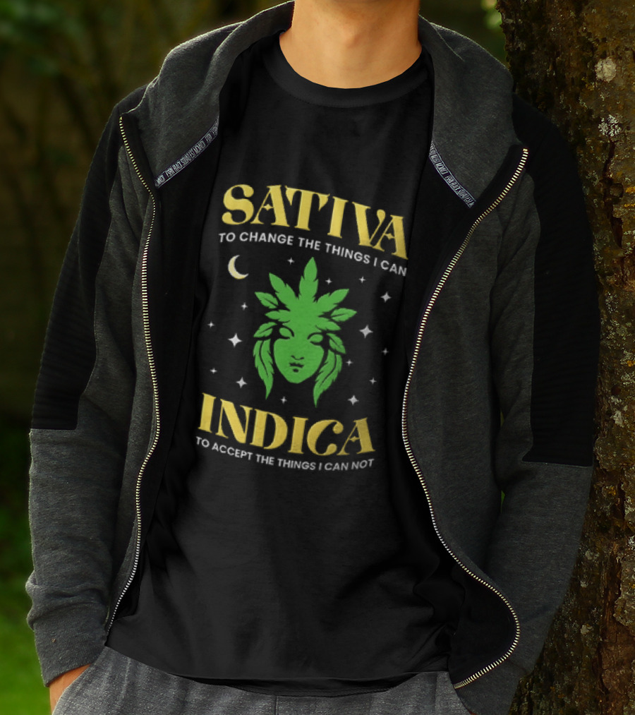 Sativa To Change The Things I Can Indica To Accept The Things I Can Not Moon Stars Cannabis Leaf T-Shirt