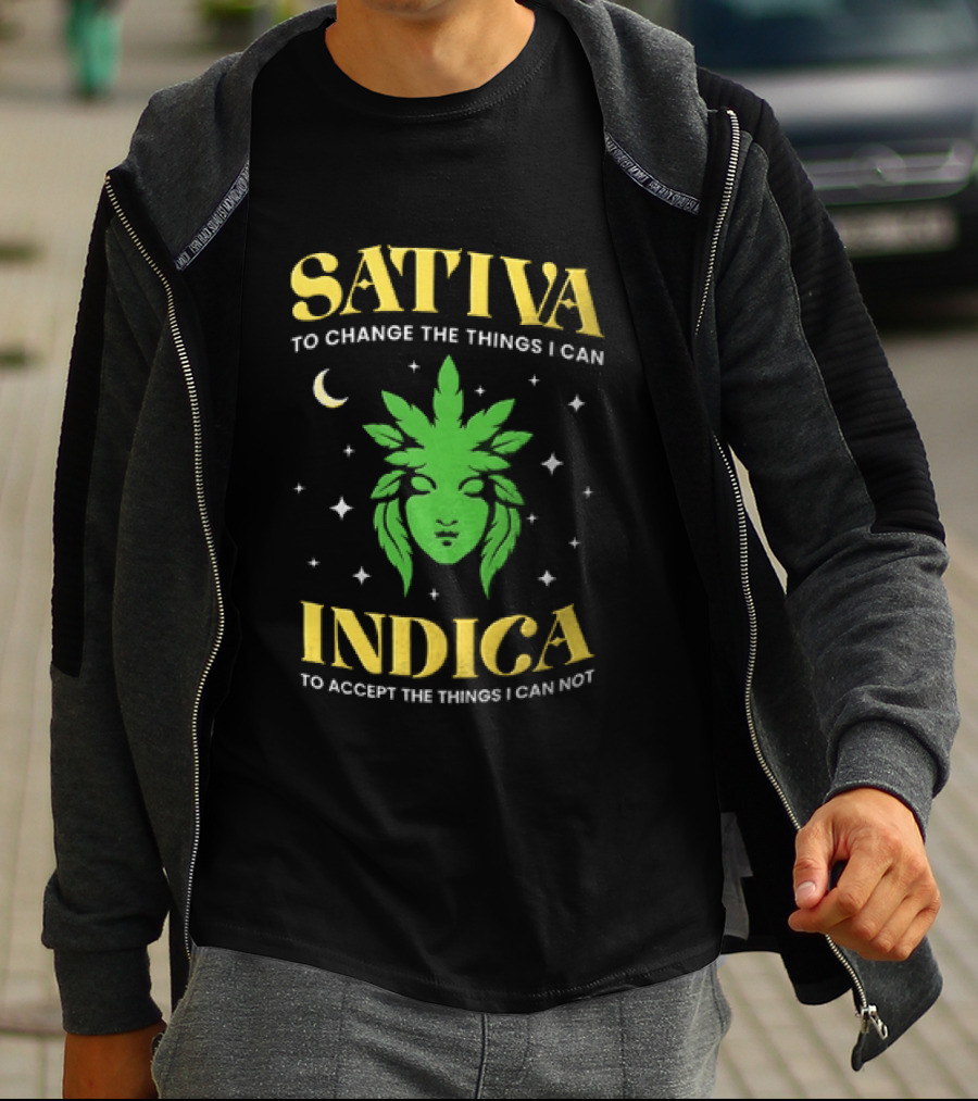 Sativa To Change The Things I Can Indica To Accept The Things I Can Not Moon Stars Cannabis Leaf T-Shirt
