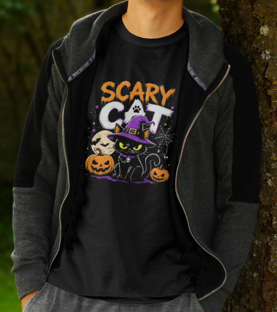 Scary Cat Black Kitten Witch Hat Full Moon Jack O Lanterns Halloween Cartoon T-Shirt