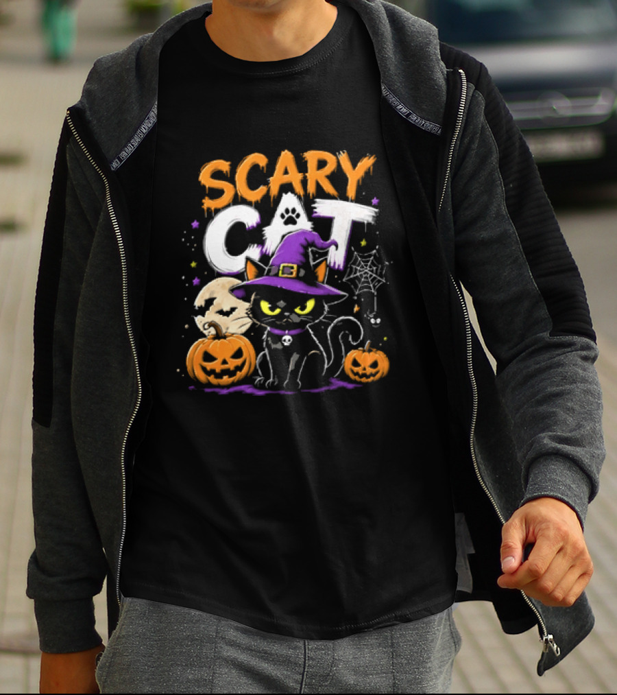Scary Cat Black Kitten Witch Hat Full Moon Jack O Lanterns Halloween Cartoon T-Shirt