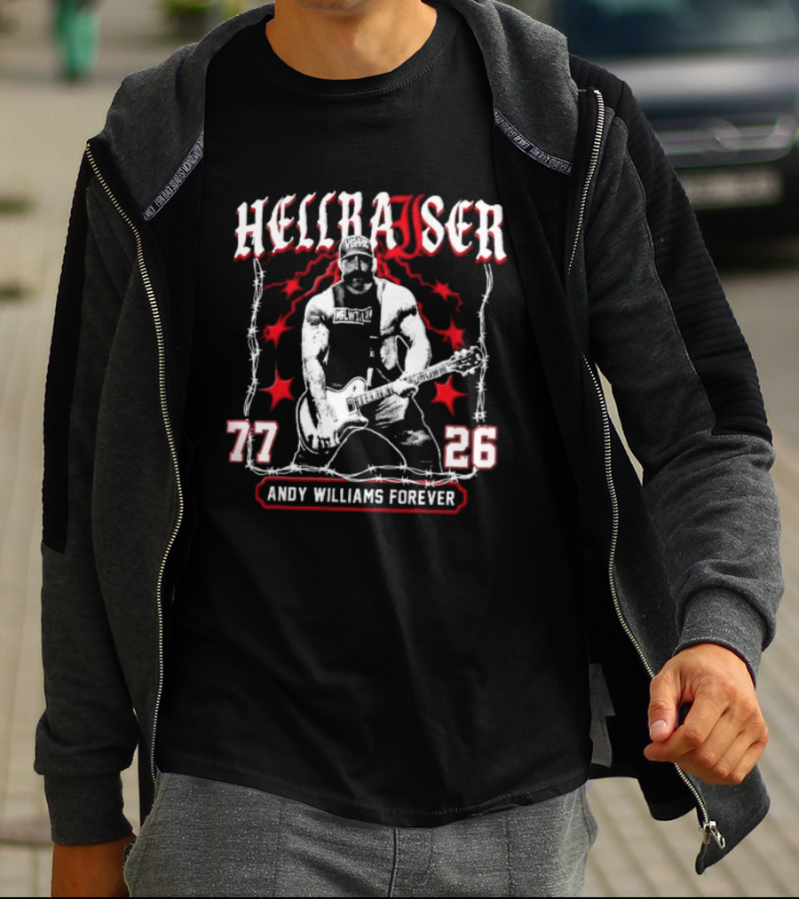 Hellraiser 77 26 Andy Williams Forever Halftone Bearded Guitarist Barbed Wire T-Shirt