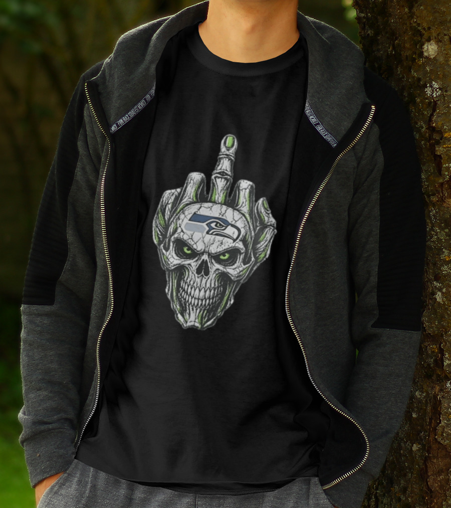 Seattle Seahawks Skull Skeleton Middle Finger Gesture Fan T-Shirt