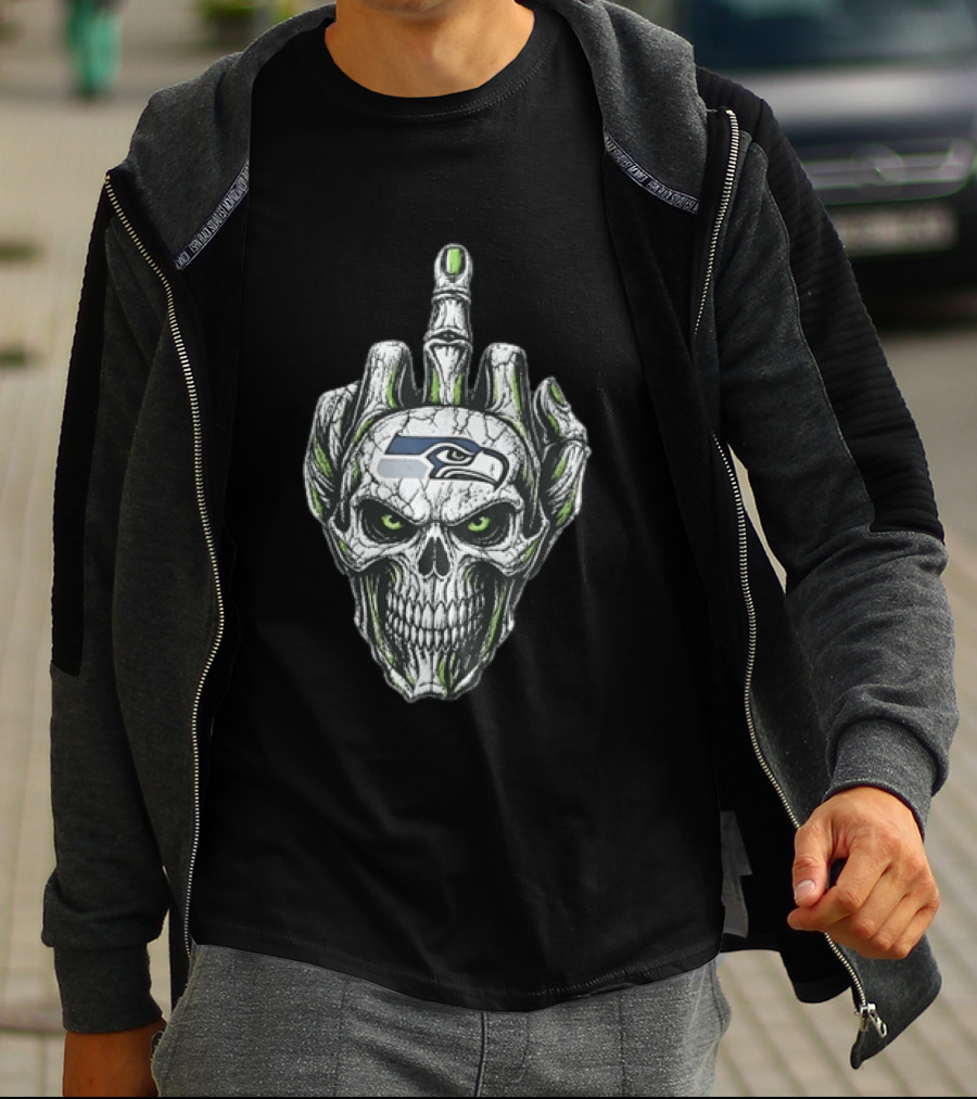 Seattle Seahawks Skull Skeleton Middle Finger Gesture Fan T-Shirt