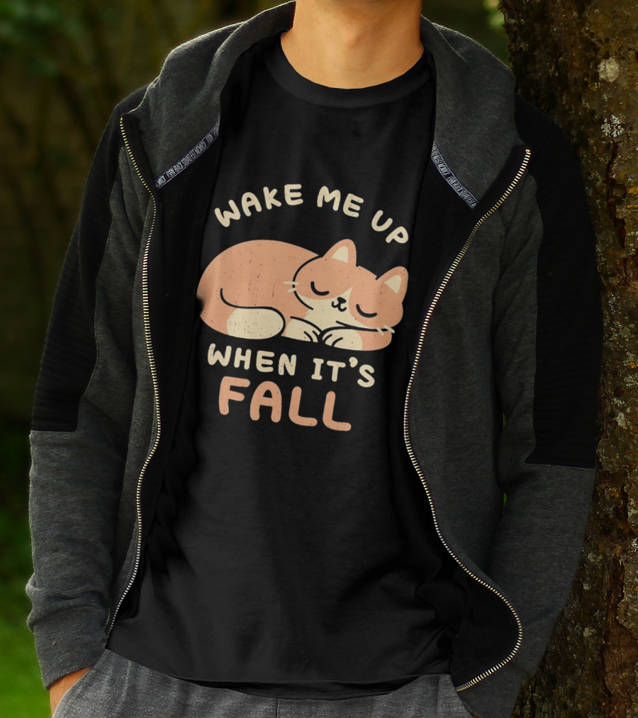 Wake Me Up When It's Fall Sleeping Cat Autumn T-Shirt