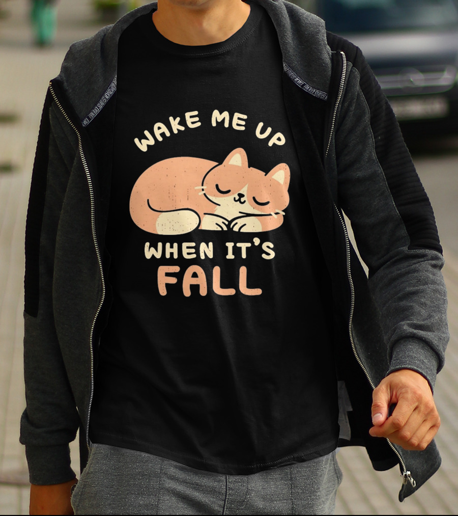 Wake Me Up When It's Fall Sleeping Cat Autumn T-Shirt