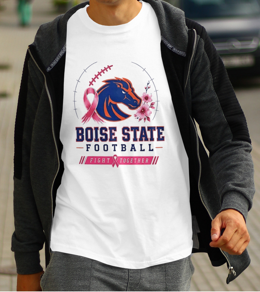 Boise State Broncos Football Fight Together Breast Cancer Awareness Pink Ribbon Flowers T-Shirt