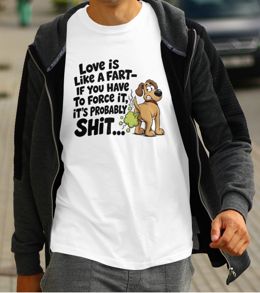 Love Is Like A Fart If You Have To Force It It's Probably Shit Dog Farting Humor T-Shirt