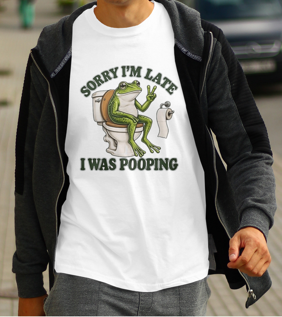 Sorry I'm Late I Was Pooping Frog On Toilet Peace Gesture T-Shirt