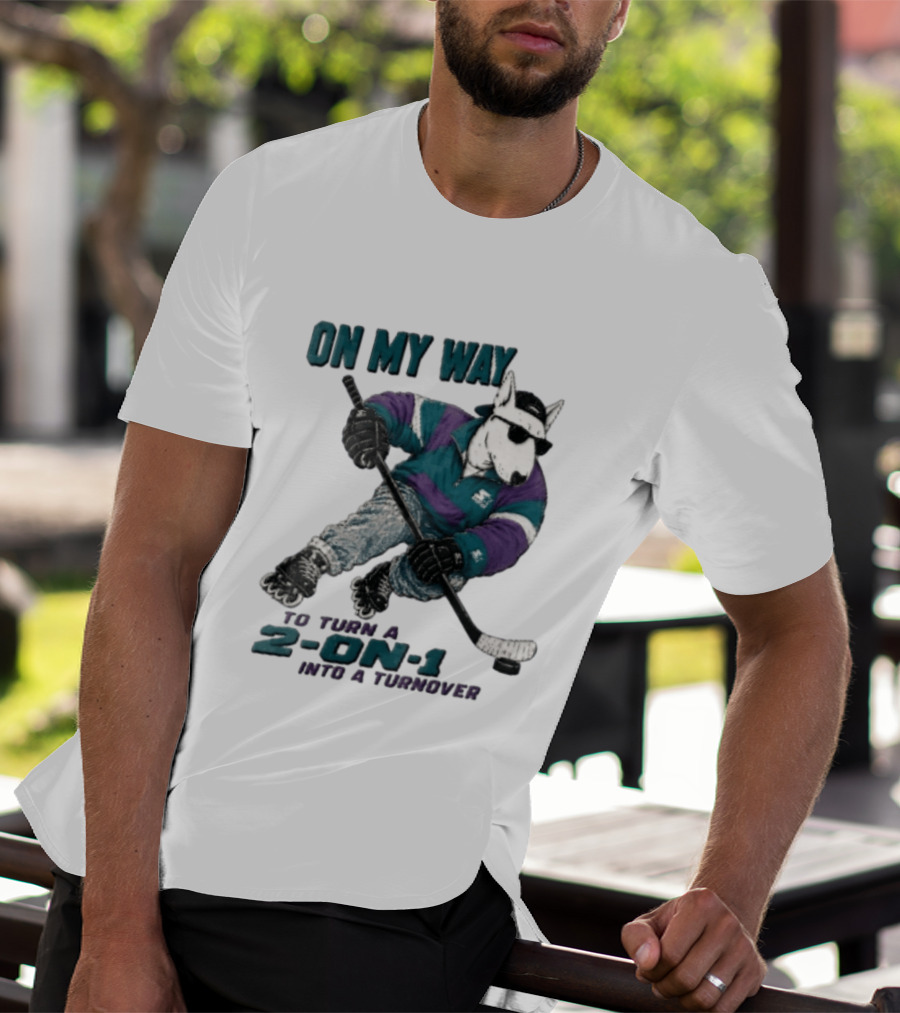 On My Way To Turn A 2 On 1 Into A Turnover Cartoon Bull Terrier Rollerblading Hockey Puck T-Shirt