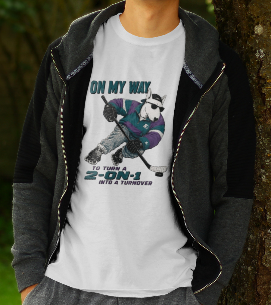 On My Way To Turn A 2 On 1 Into A Turnover Cartoon Bull Terrier Rollerblading Hockey Puck T-Shirt