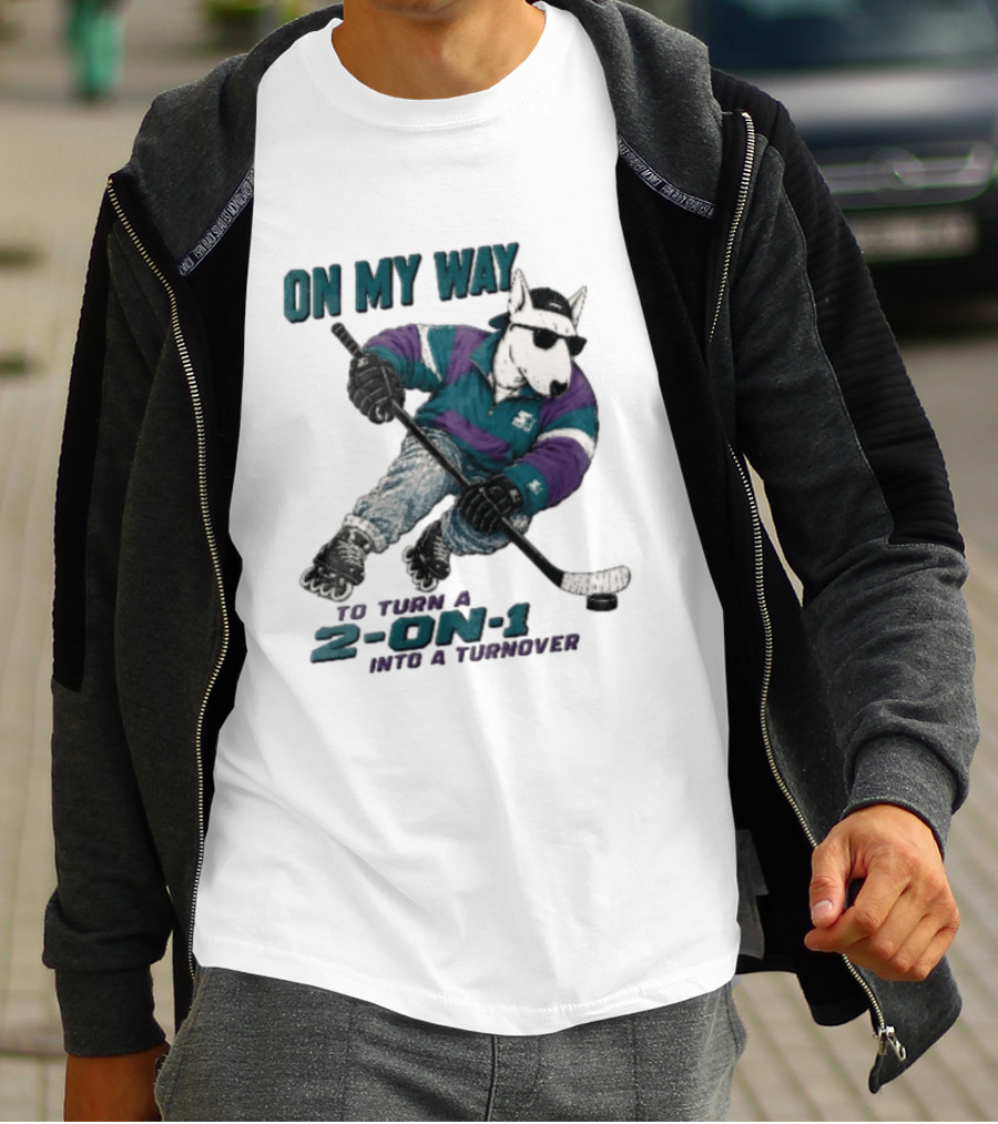 On My Way To Turn A 2 On 1 Into A Turnover Cartoon Bull Terrier Rollerblading Hockey Puck T-Shirt