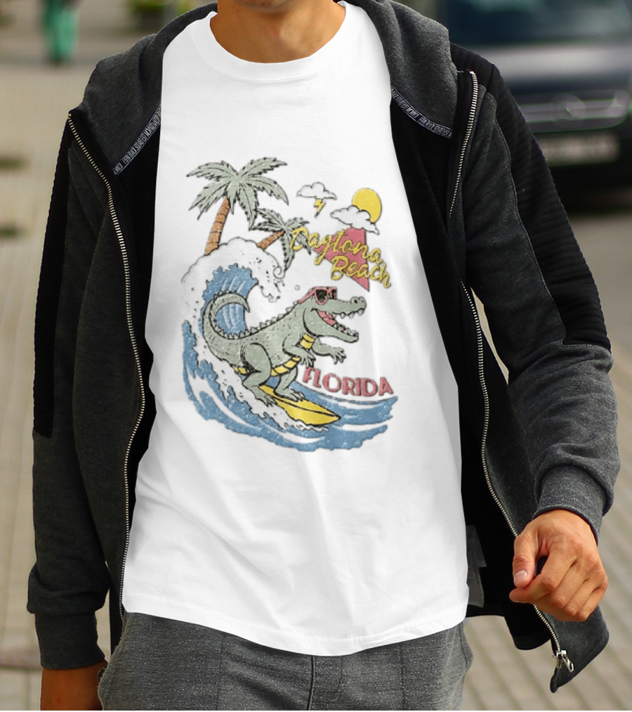Daytona Beach Florida Surfing Alligator With Palm Trees And Sunglasses T-Shirt