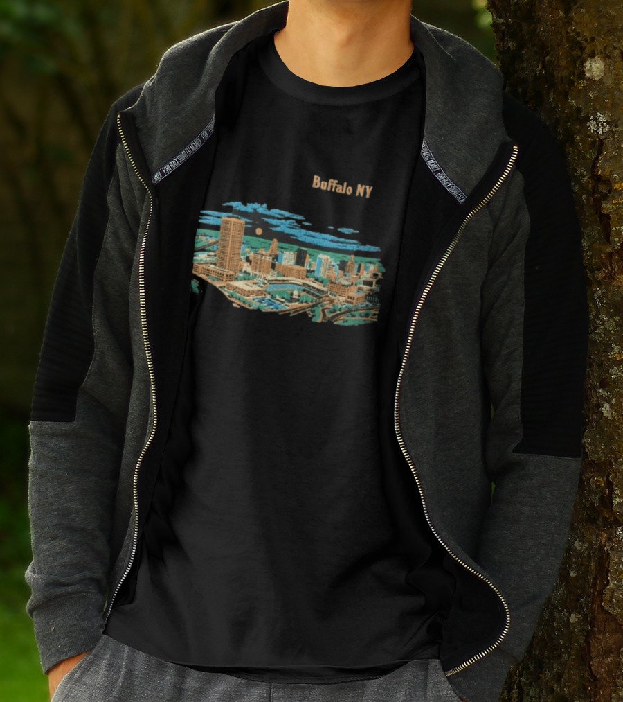 Buffalo NY Skyline Cityscape Illustration With Moonlit Clouds T-Shirt