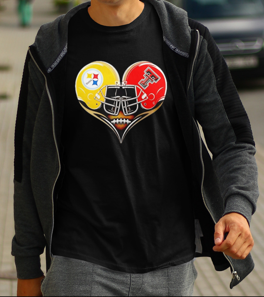 Pittsburgh Steelers Texas Tech Red Raiders Football Helmets Heart T-Shirt