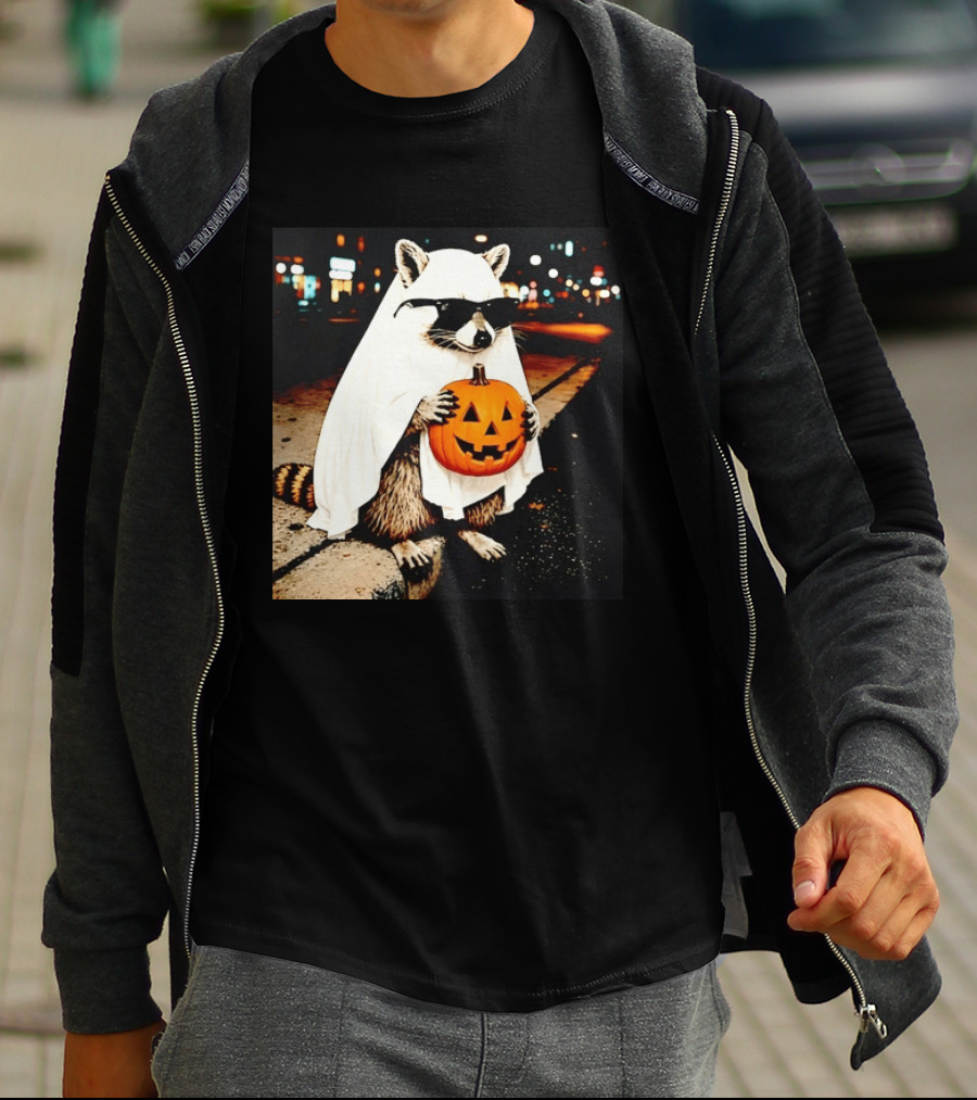 Raccoon Ghost Sunglasses Pumpkin Halloween Street Scene T-Shirt