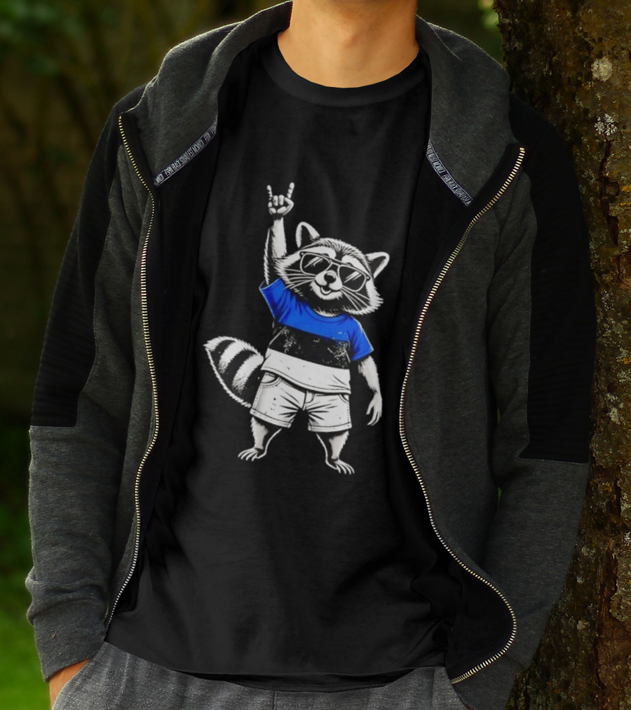 Rocking Raccoon Estonia Flag Style With Sunglasses And Hand Gesture T-Shirt