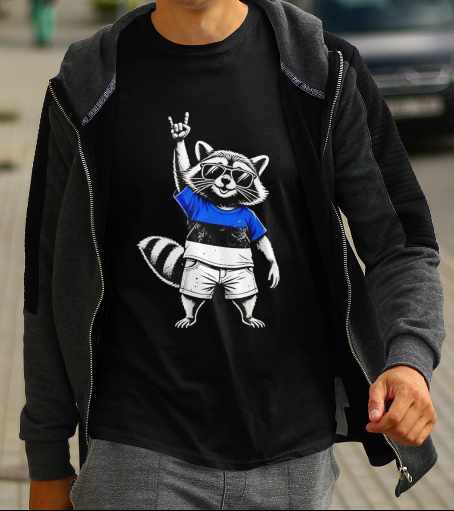 Rocking Raccoon Estonia Flag Style With Sunglasses And Hand Gesture T-Shirt