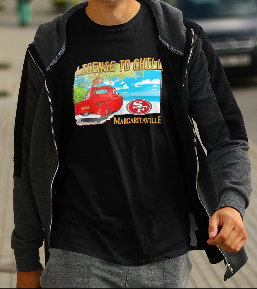 San Francisco 49ers License To Chill Margaritaville Beach Scene Vintage Truck T-Shirt