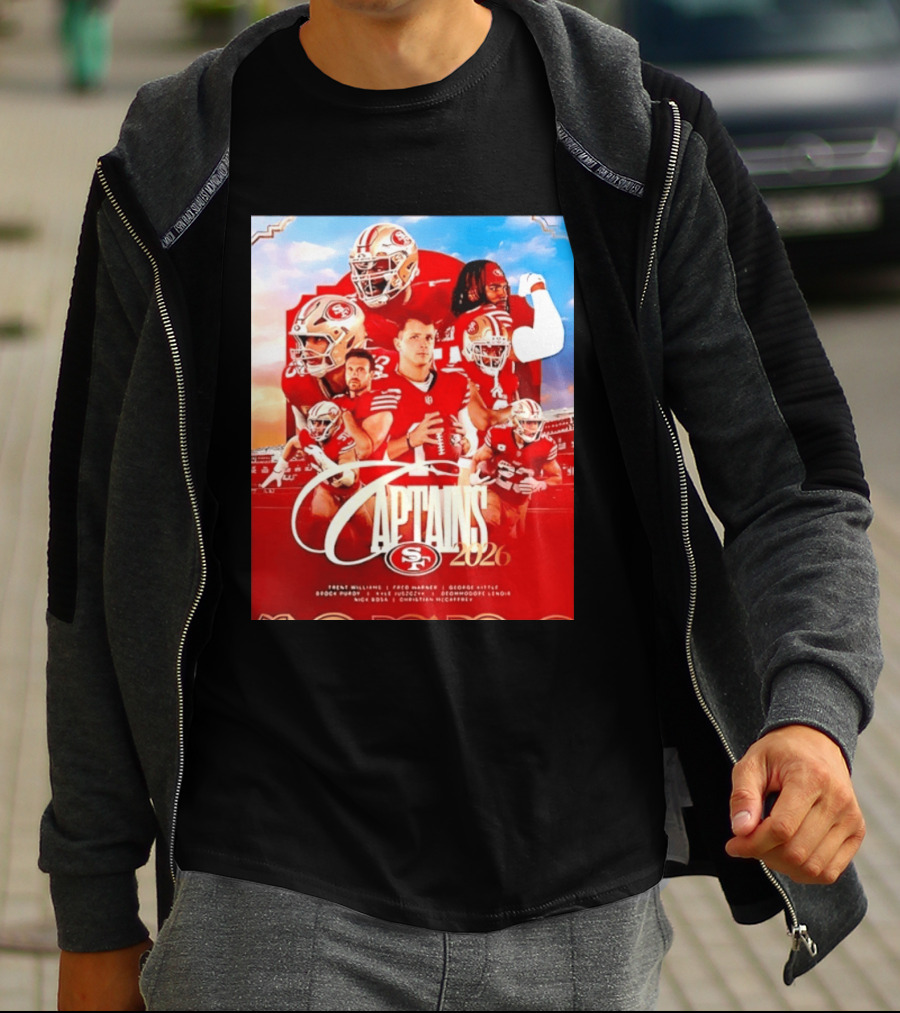 SF 49ers 2026 Captains Williams Warner Kittle Purdy Bosa McCaffrey Juszczyk T-Shirt