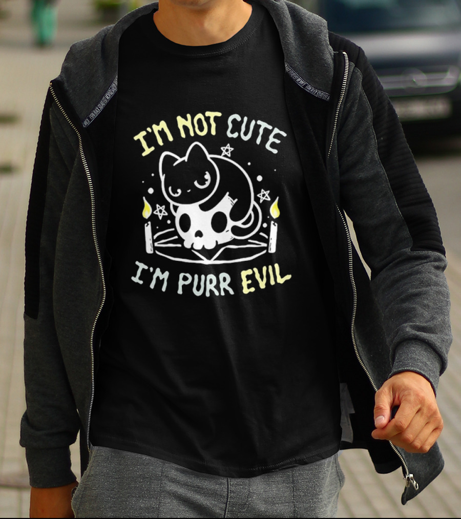 I'm Not Cute I'm Purr Evil Cat On Skull With Pentagram And Candles T-Shirt
