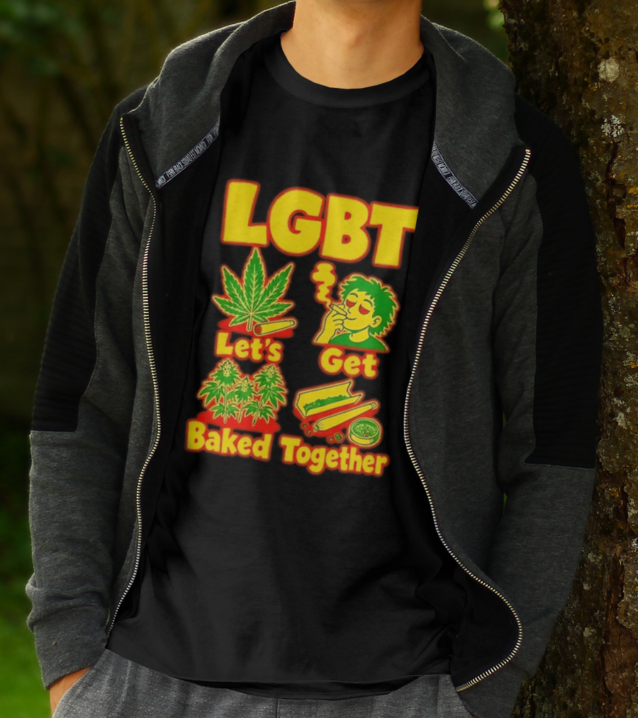 LGBT Let's Get Baked Together Cannabis Marijuana Leaf Smoking Fun T-Shirt