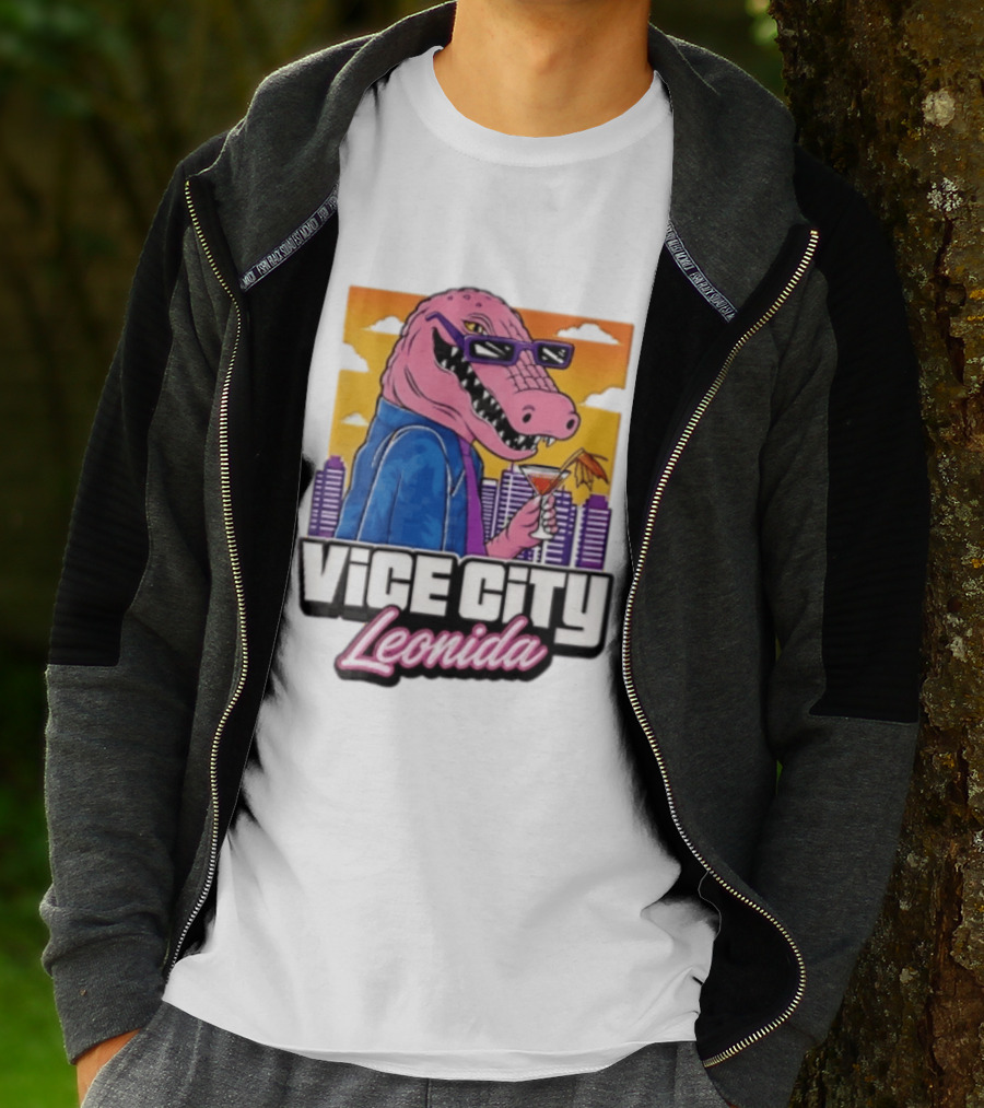 Vice City Leonida Pink Alligator Sunglasses Cocktail Cityscape T-Shirt