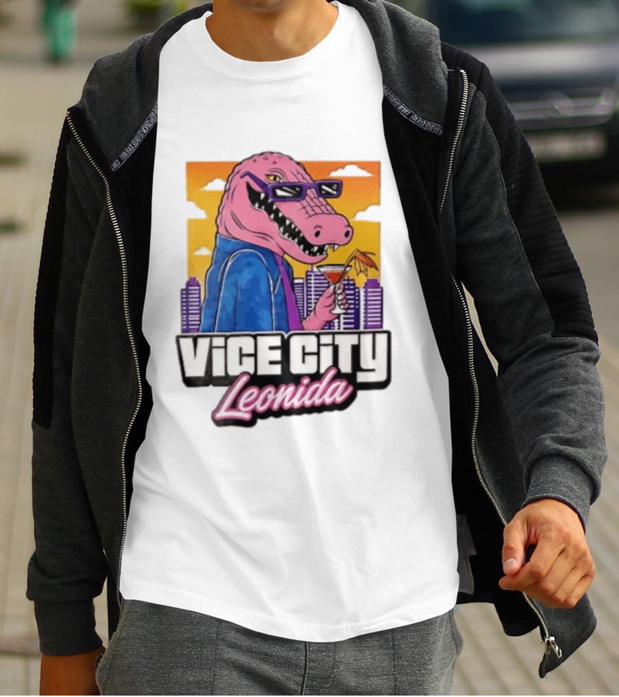 Vice City Leonida Pink Alligator Sunglasses Cocktail Cityscape T-Shirt