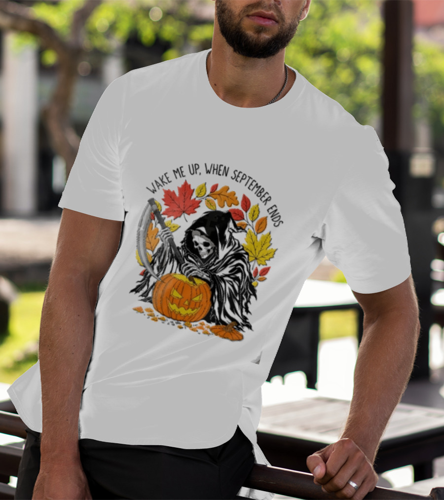 Wake Me Up When September Ends Grim Reaper Carving Jack O Lantern Autumn Leaves T-Shirt