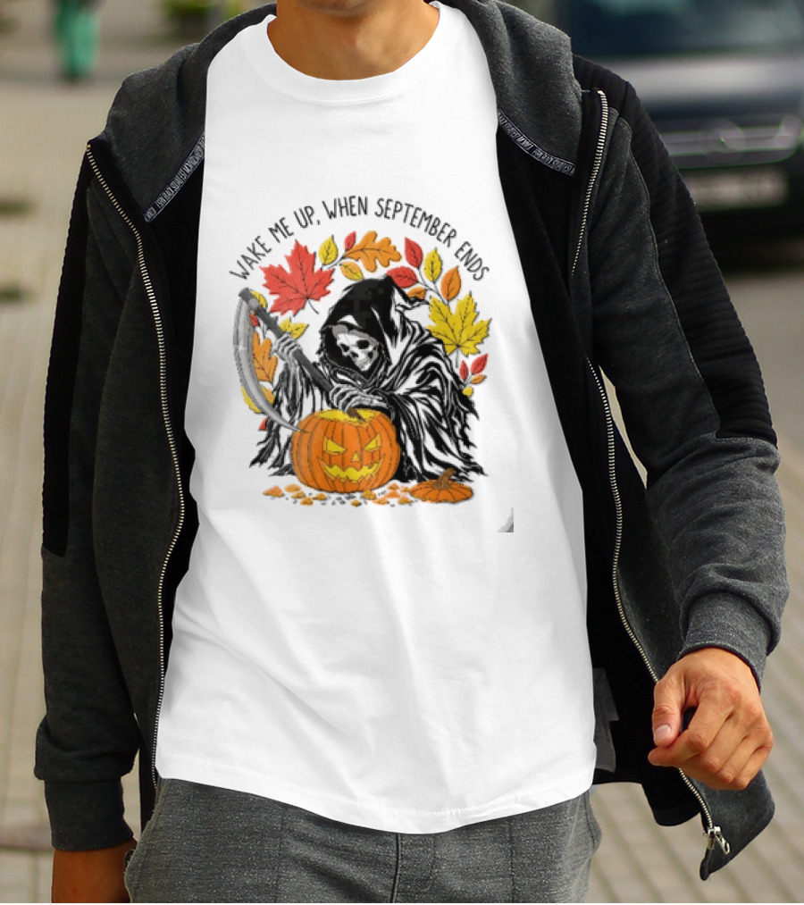 Wake Me Up When September Ends Grim Reaper Carving Jack O Lantern Autumn Leaves T-Shirt