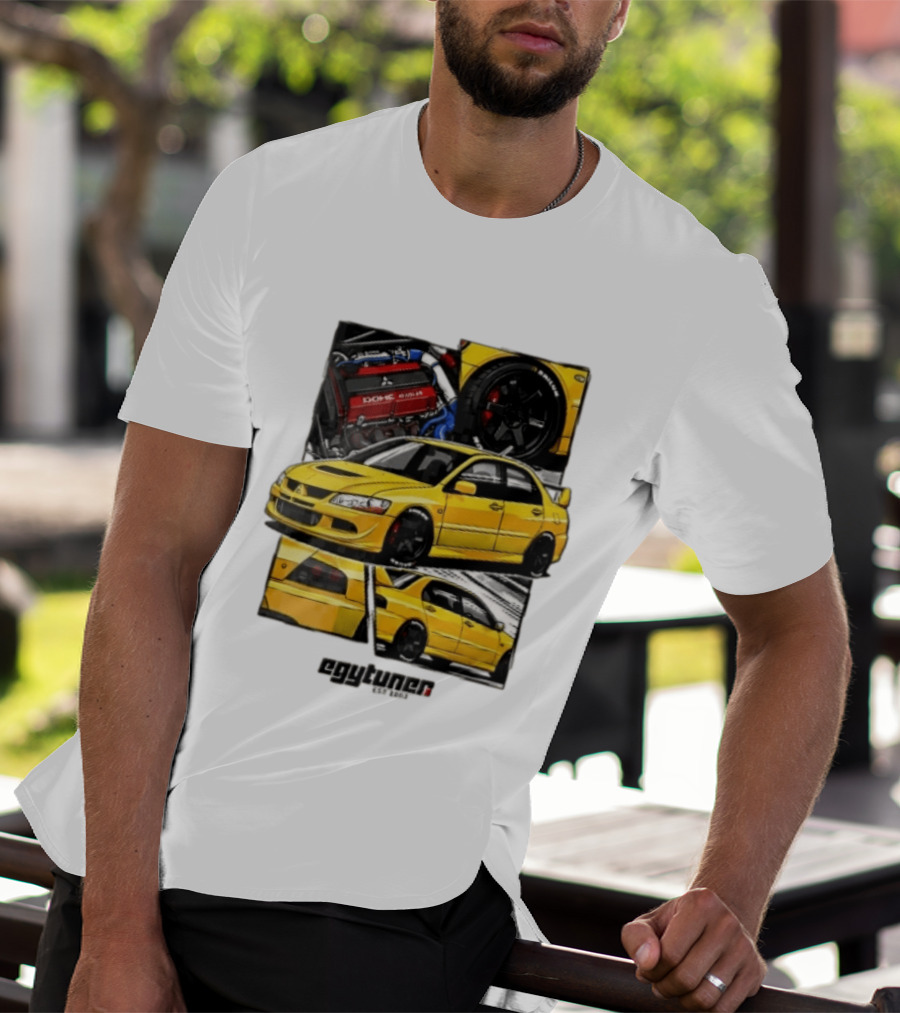 Mitsubishi Egytuner Est 2003 Yellow Lancer Evolution Engine Wheel Panels T-Shirt