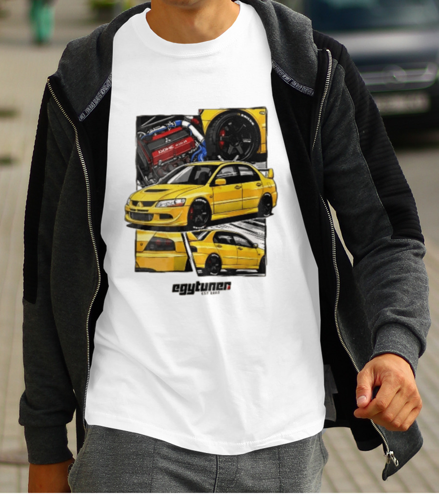 Mitsubishi Egytuner Est 2003 Yellow Lancer Evolution Engine Wheel Panels T-Shirt