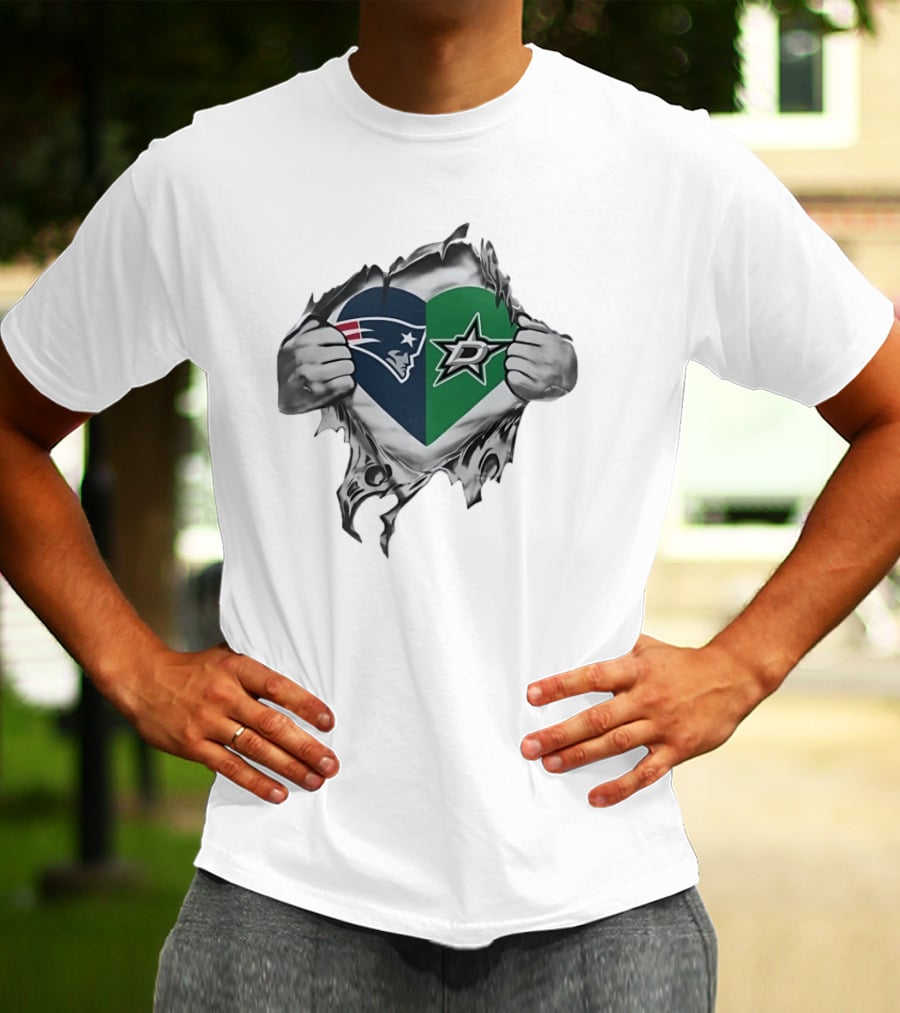 New England Patriots Dallas Stars Heart Split Design Fans T-Shirt