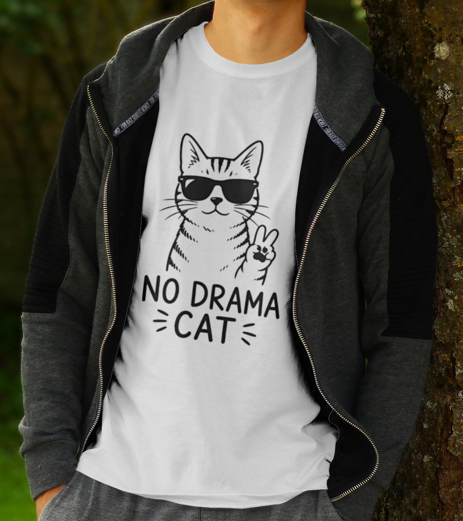 No Drama Cat Sunglasses Peace Sign T-Shirt