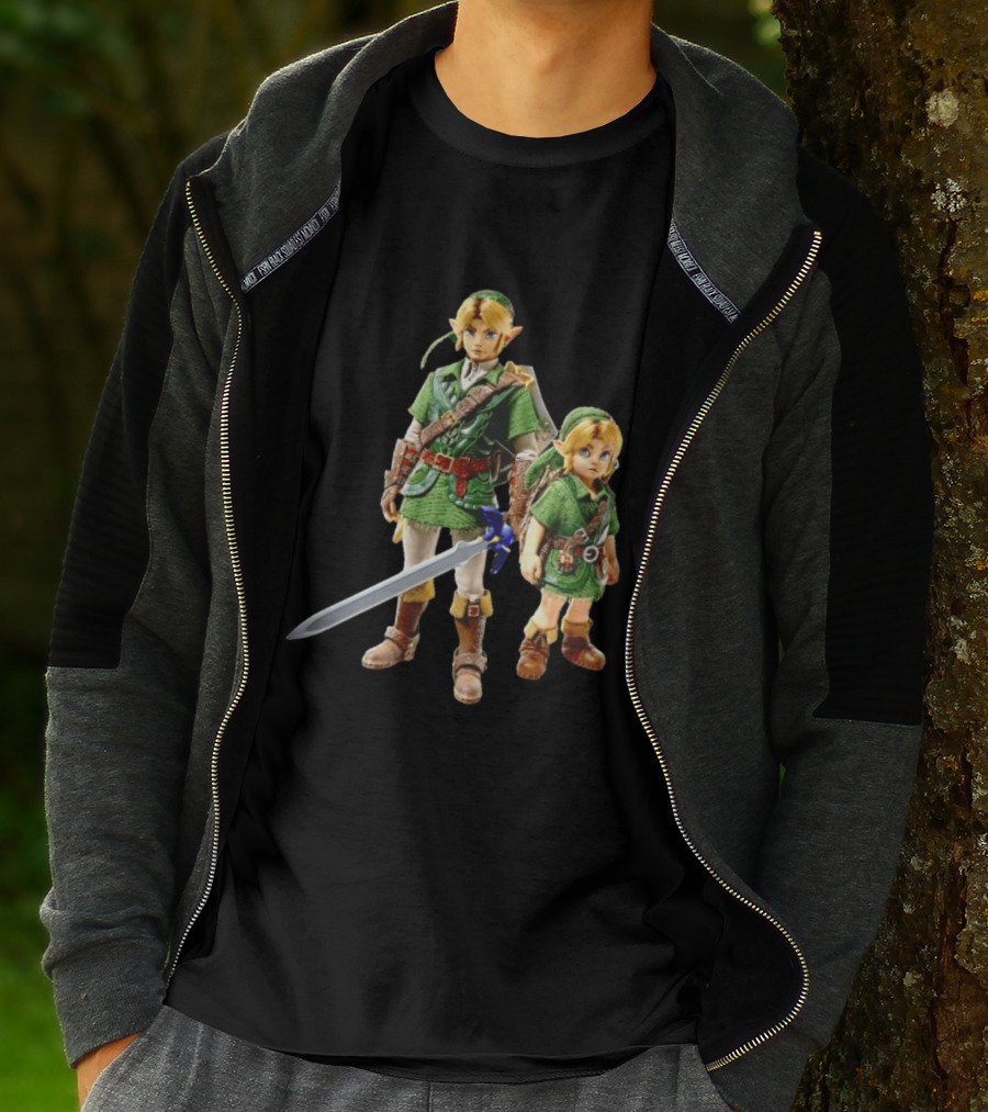 Adult And Young Link Green Tunic Warrior Sword Shield Render T-Shirt