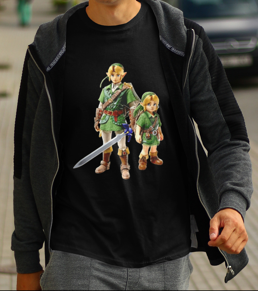 Adult And Young Link Green Tunic Warrior Sword Shield Render T-Shirt