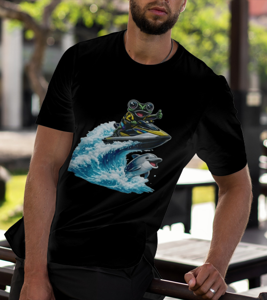 Cartoon Frog Thumbs Up Riding Jet Ski With Dolphin On Ocean Wave T-Shirt