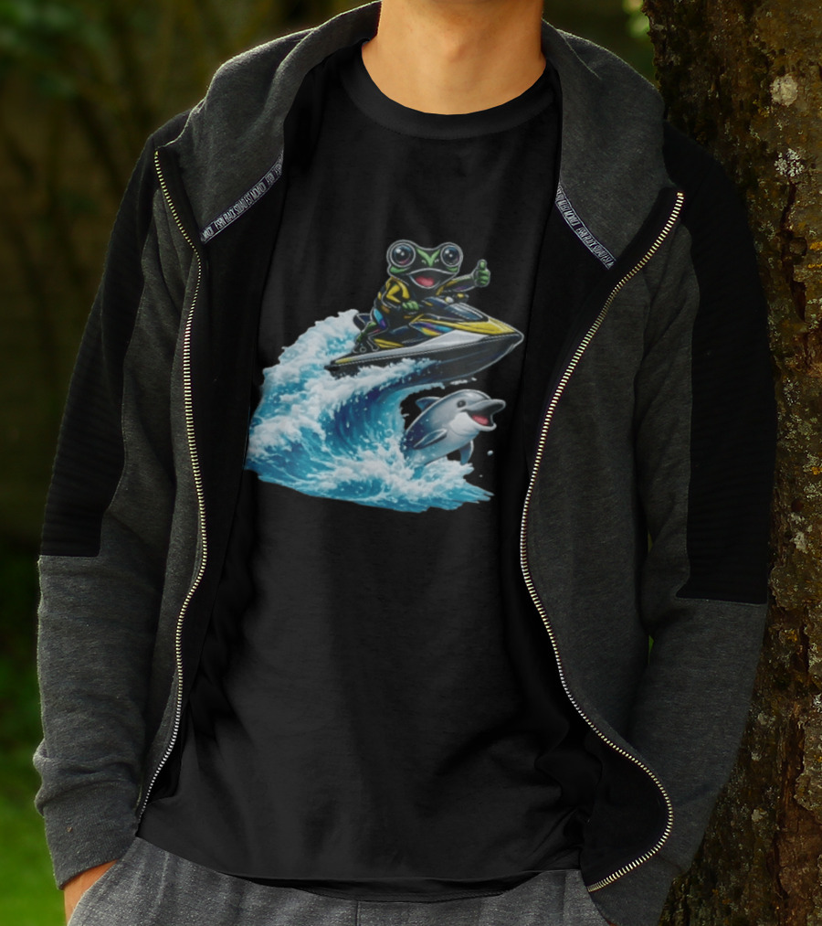 Cartoon Frog Thumbs Up Riding Jet Ski With Dolphin On Ocean Wave T-Shirt