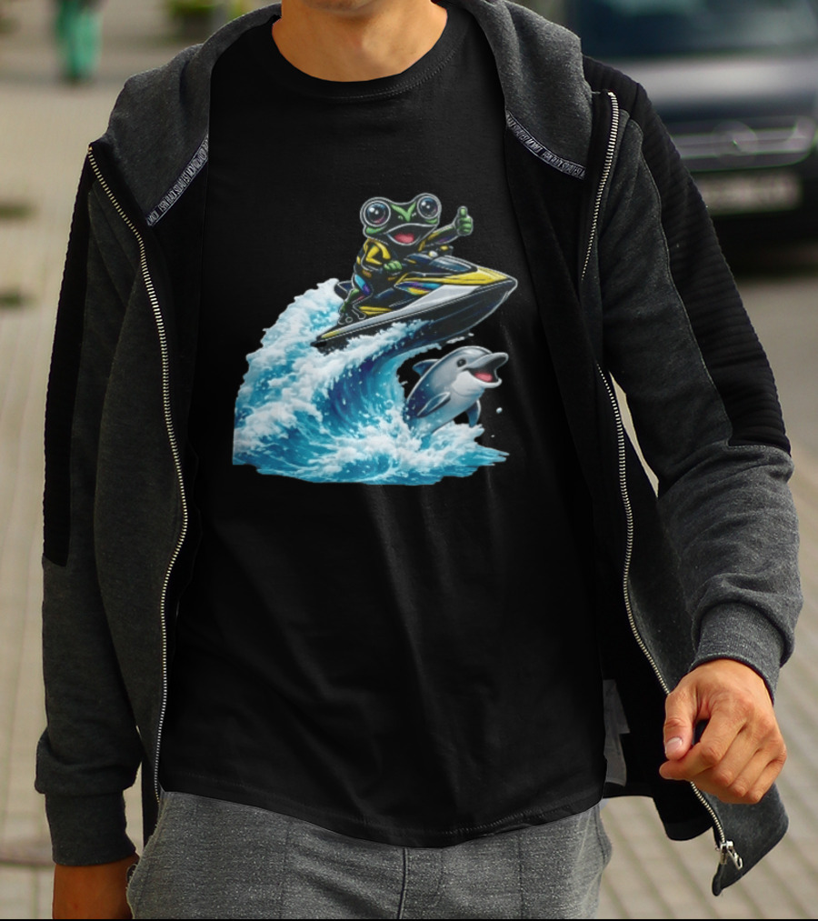 Cartoon Frog Thumbs Up Riding Jet Ski With Dolphin On Ocean Wave T-Shirt