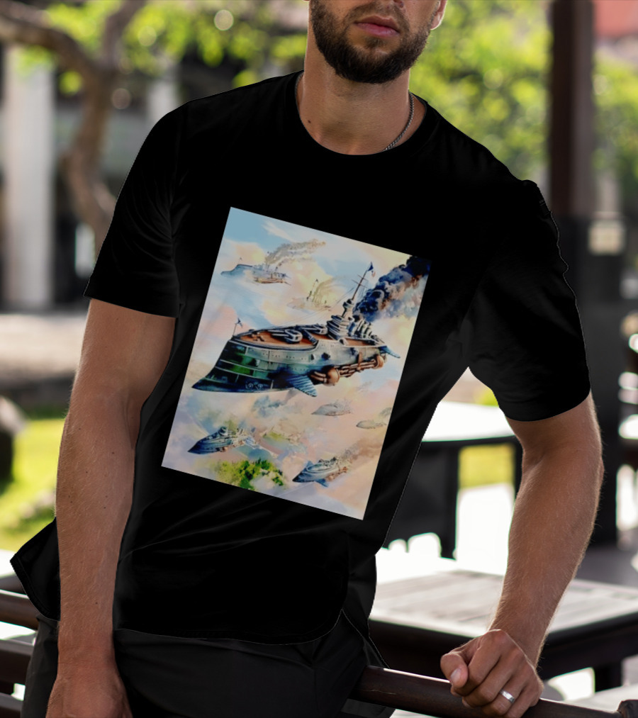Steampunk Flying Battleship Armada Soaring Through The Clouds T-Shirt