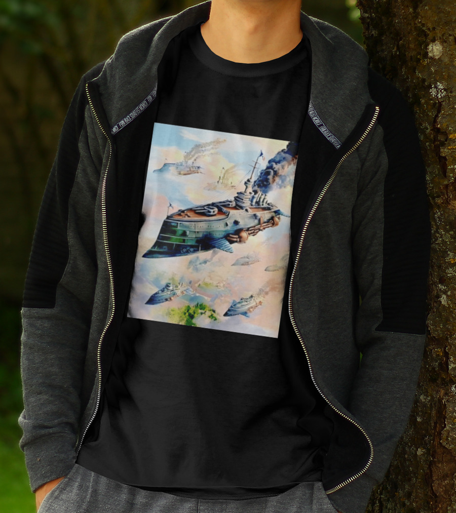 Steampunk Flying Battleship Armada Soaring Through The Clouds T-Shirt