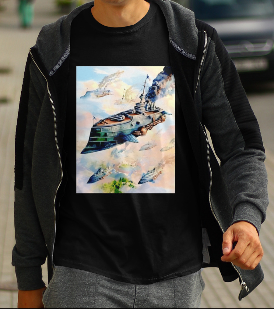 Steampunk Flying Battleship Armada Soaring Through The Clouds T-Shirt