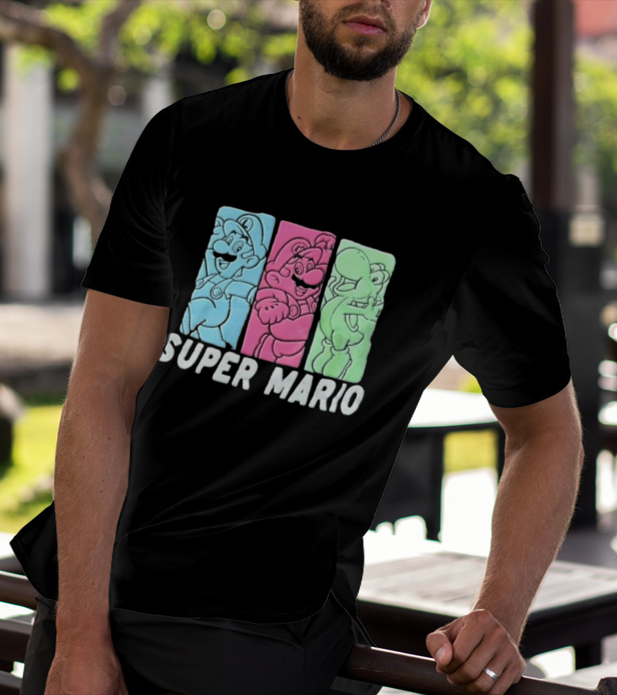 Super Mario Luigi Yoshi Characters Colorful Panels T-Shirt