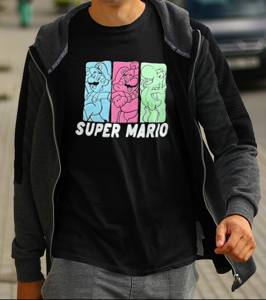 Super Mario Luigi Yoshi Characters Colorful Panels T-Shirt