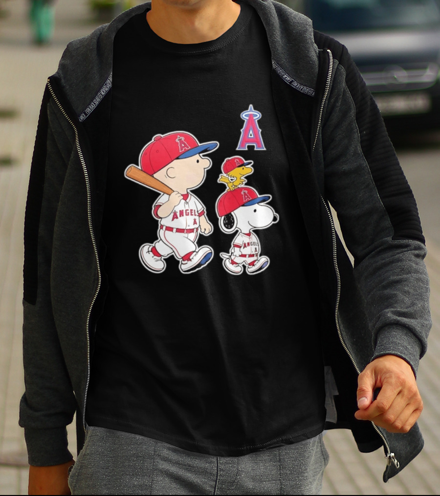 Charlie Brown Snoopy Woodstock Los Angeles Angels Baseball Team T-Shirt
