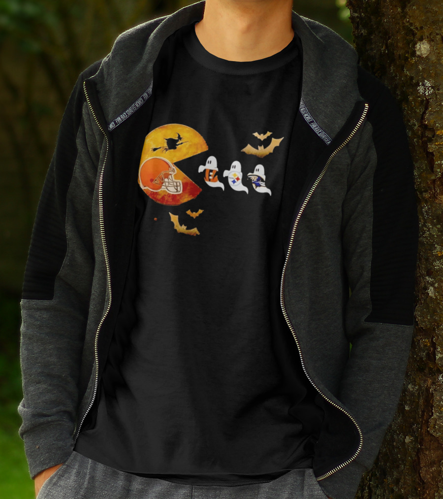 Cleveland Browns Pac Man Vs Bengals Steelers Ravens Halloween Battle T-Shirt