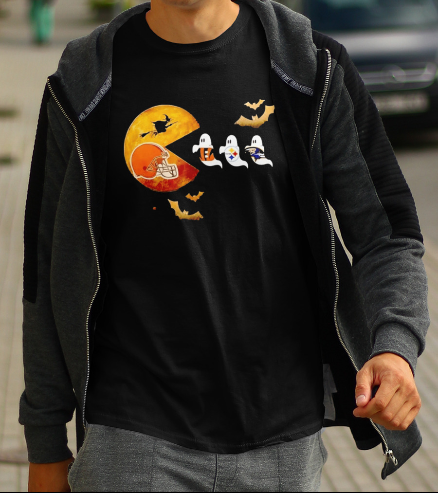 Cleveland Browns Pac Man Vs Bengals Steelers Ravens Halloween Battle T-Shirt