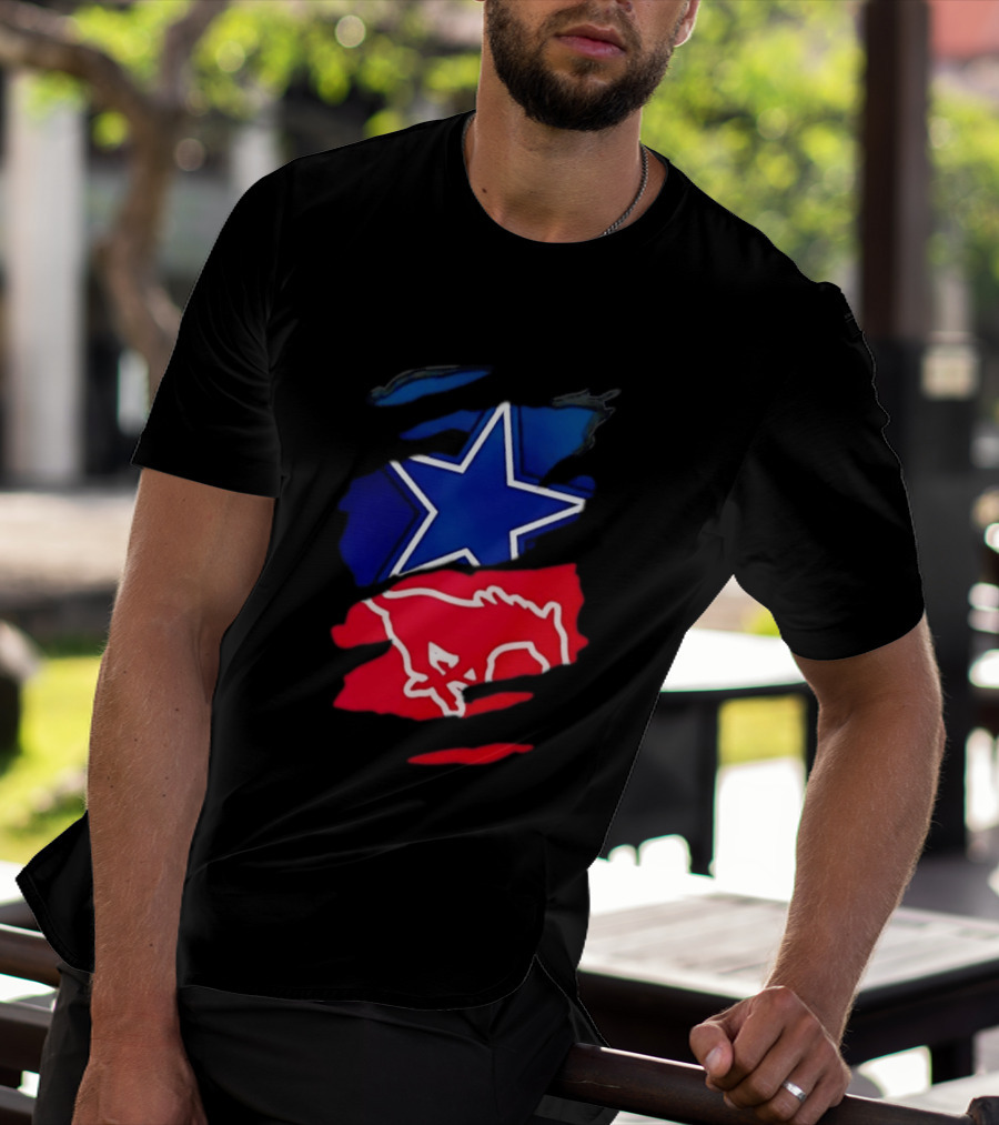 Dallas Cowboys Star And SMU Mustangs Red Ripped Effect T-Shirt