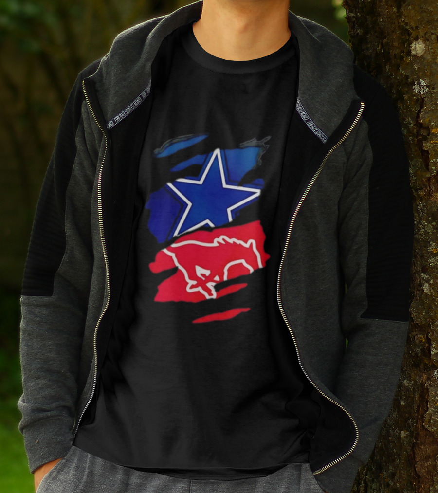 Dallas Cowboys Star And SMU Mustangs Red Ripped Effect T-Shirt