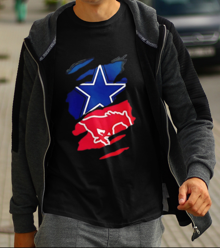 Dallas Cowboys Star And SMU Mustangs Red Ripped Effect T-Shirt
